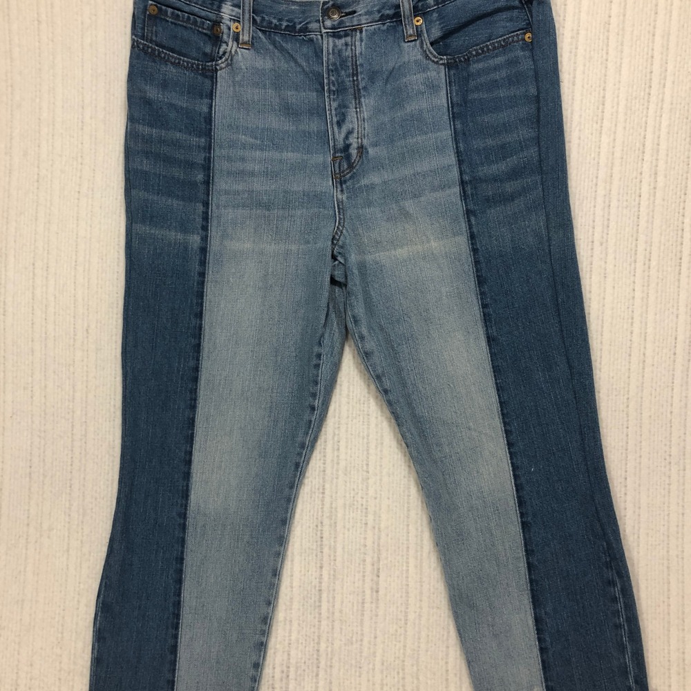 American Eagle Two Tone Colorblock Cropped Jeans Raw Hem Blue Denim Womens 14